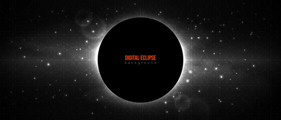 Eclipse tech modern background. Black hole outer space banner. Night starry sky geometrical pattern retro effect. Star light galaxy abstract universe. Dark moon center circle sci-fi background - 691634401