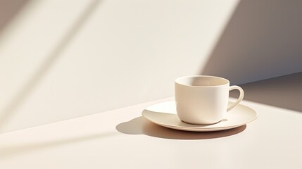  a white coffee cup sitting on top of a saucer on top of a white table next to a shadow of a person's arm and a white wall.