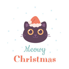 Merry Christmas greeting card with cute cat in Santa hat. Vector illustration in flat style