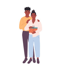 Gay couple hugging and giving gift. LGBT family. Boxing Day. Hand drawn vector illustration