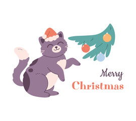 Merry Christmas greeting card. Cute cat in Santa hat playing with Christmas tree toys. Vector illustration in flat style 