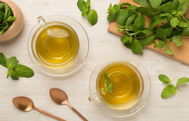 Fresh mint tea on wooden background,top view