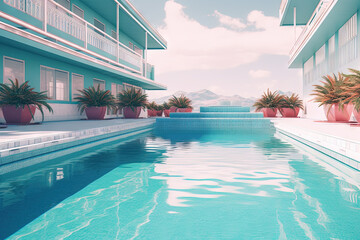 Obraz premium Summer hotel with pool in vaporwave style, pink and blue colors