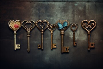 Vintage key collection forming a heart on a rustic brown background. Background.