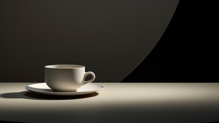  a white cup sitting on top of a saucer on top of a saucer on top of a white table next to a white plate on a black surface.