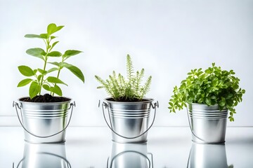 Two fresh green plants in small decorative metal buckets on a white background with a copyspace for a text. Ecological concept.