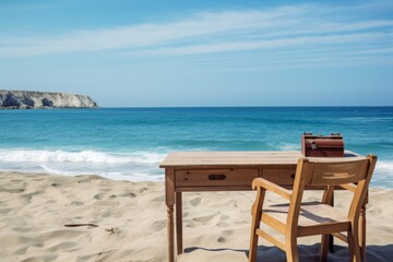 Remote office setup with a desk and chair on a sandy beach, overlooking the sea


