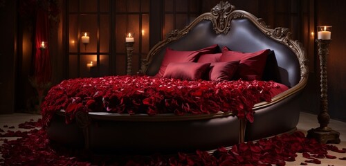 A bed embellished with an artistic arrangement of velvety red rose petals.