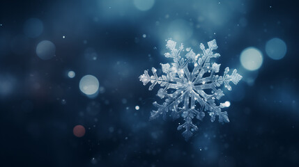 Fototapeta na wymiar Beautiful snowflake falling on the dark background in the style of minimalism, dreamy atmosphere