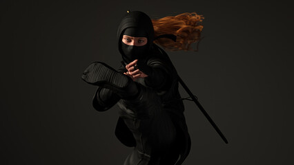 A red-haired female ninja kicking on dark background. Traditional Ninja Costumes. 3d illustration.