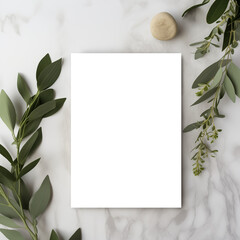 Sleek 5x7 Card Mockup with Olive Branches on Marble Transparent PNG Mockup