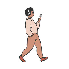 Teen boy with phone and headphones. Walking down the street. Flat vector illustration isolated on white background. Hand drawn sketch outline