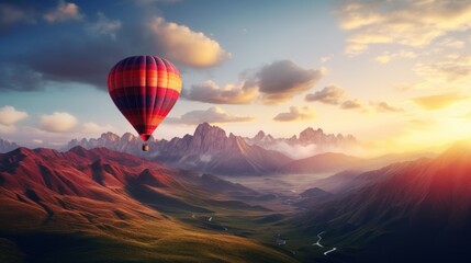 Fototapeta premium a hot air balloon flying in the sky over a mountain range with a river in the foreground and a river running through the valley in the middle of the foreground.