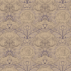 Seamless pattern, floral doodle ornament with blue pen on yellowed old paper. Digital illustration. Suitable for interior, wallpaper, fabrics, clothing, stationery.