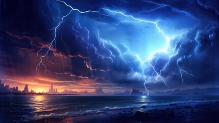  a painting of a lightning storm in the sky over the ocean with a cityscape in the foreground and a bright blue sky with clouds and water below.