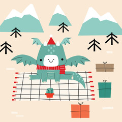 Cute dragon sitting on a blanket with gifts around. Children's illustration for advent calendar or poster.