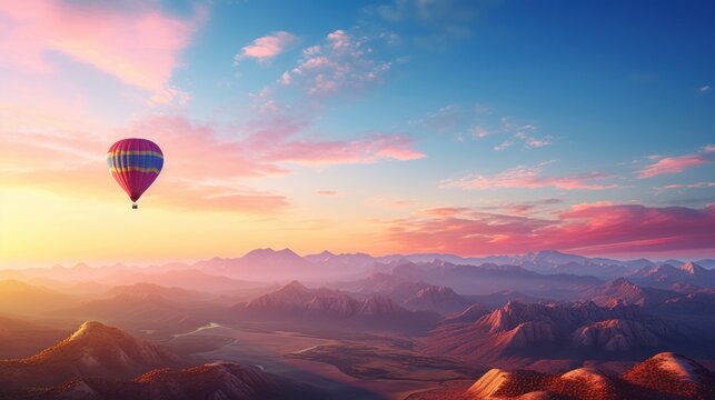  a hot air balloon flying in the sky over a mountain range with a pink and blue sky in the background and a pink and yellow sunset in the middle of the sky.