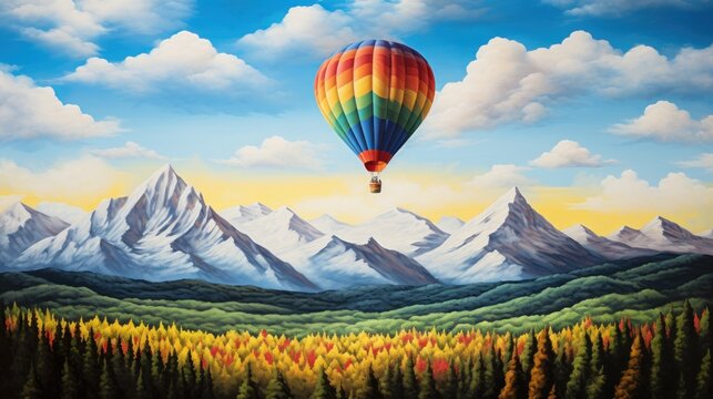  a painting of a hot air balloon flying in the sky over a mountain range with pine trees and pine trees in the foreground and a mountain range in the background.