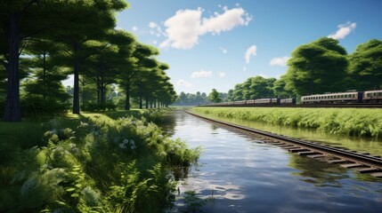  a painting of a train going down the tracks next to a body of water with trees on both sides of the tracks and a train on the other side of the tracks.