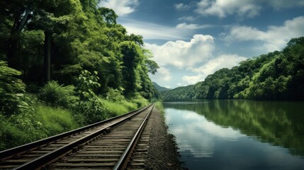 Obraz premium a train track next to a body of water with trees on both sides of it and a sky filled with clouds and trees on the other side of the water.