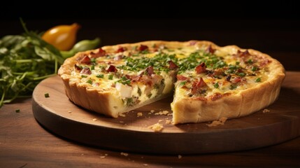  a close up of a pizza on a plate with a slice taken out of it and a bunch of greens on the side of the plate and a piece of pizza on a cutting board.