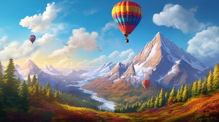  a painting of a mountain scene with a hot air balloon in the sky and a lake in the foreground, and a mountain range in the background with a few birds flying in the foreground.
