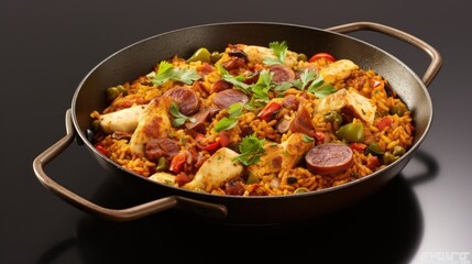  a close up of a pan of food with meats and rice on a table with a black table cloth and a black table cloth with a black table cloth.