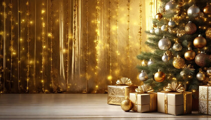Choinka ze złotymi i srebrnymi bombkami i złote prezenty na złotym tle. Bożonarodzeniowe tło z miejscem na tekst - obrazy, fototapety, plakaty