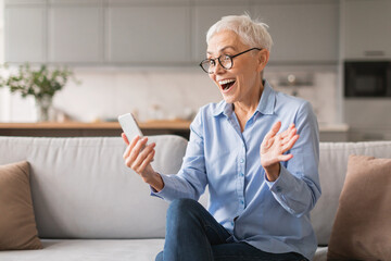 Excited mature lady holding smartphone reading wow online offer indoor - obrazy, fototapety, plakaty