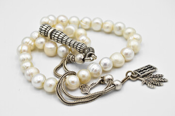 White pearl and silver beads sequenced, short rosary, tespih tesbih