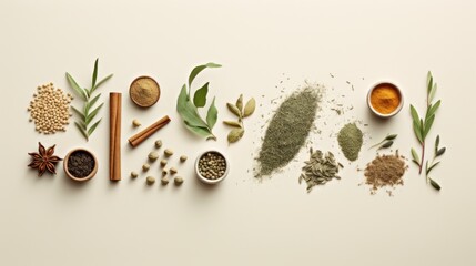  a variety of spices and herbs arranged on a white surface with the word spice spelled out in the middle of the image, surrounded by spices and herbs and spices. - obrazy, fototapety, plakaty