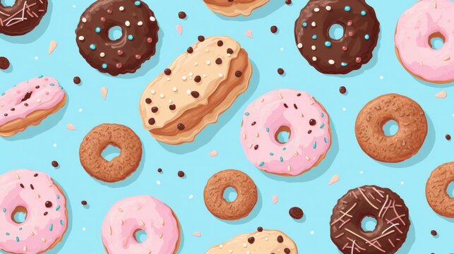 Various Chocolate Chip Cookies donuts on a blue background, in the style of tiffany bozic, dark beige and pink, synthetism-inspired, kidcore, use of fabric, hinchel or, vintage-inspired