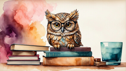 Cartoon smart owl with glasses sits on books. illustration. education concept
