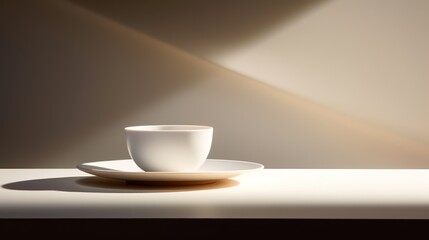  a white coffee cup sitting on top of a saucer on top of a white counter next to a shadow of a light shining on the wall behind the cup.