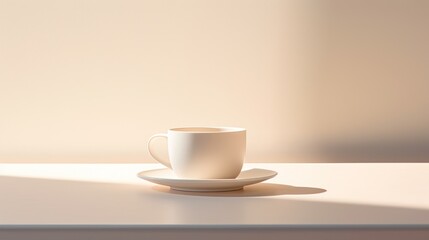  a white coffee cup sitting on top of a saucer on top of a white table with a shadow of the coffee cup on the top of the saucer.
