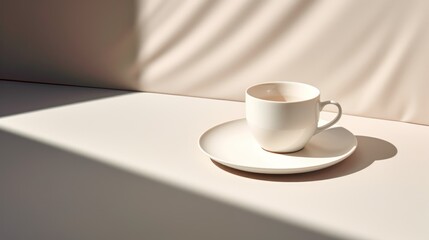 Fototapeta na wymiar a white coffee cup sitting on top of a saucer on top of a white table next to a white wall and a shadow of a sheet on the wall.