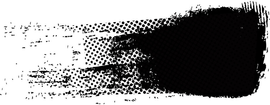 Black paintbrush splattered, abstract rough. Splash ink brush stroke, grunge style, halftone graphic texture. Vector stroke illustration