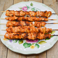 Dining table and chicken shish kebab in a luxury restaurant, delicious tavuk sis kebab