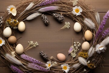 Fototapeta na wymiar Easter eggs in a nest with spring flowers on a wooden background. Postcard, banner