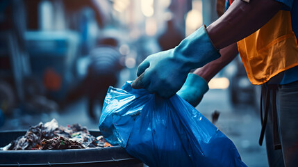 Close up photography of garbage man worker, wearing blue gloves, picking up bags full of trash. Dirty city streets cleaning, rubbish removal, public service, waste dustbin - obrazy, fototapety, plakaty
