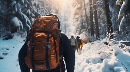 Rearview photography of a group of people wearing jackets and backpacks full of camping and mountaineering equipment, walking in snowy winter forest paths, exploring the wilderness adventures - obrazy, fototapety, plakaty