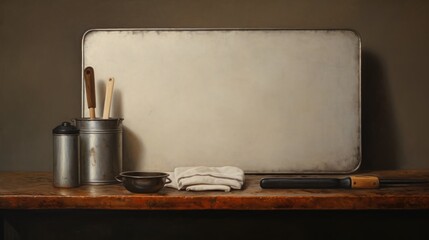  a painting of a kitchen table with utensils and a cooking utensil next to a metal container on top of a wooden table with a white sheet of paper on it.