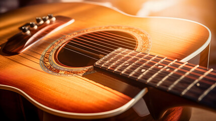 Close up photography of a vintage wooden acoustic guitar illuminated by sun rays shining. Musical...
