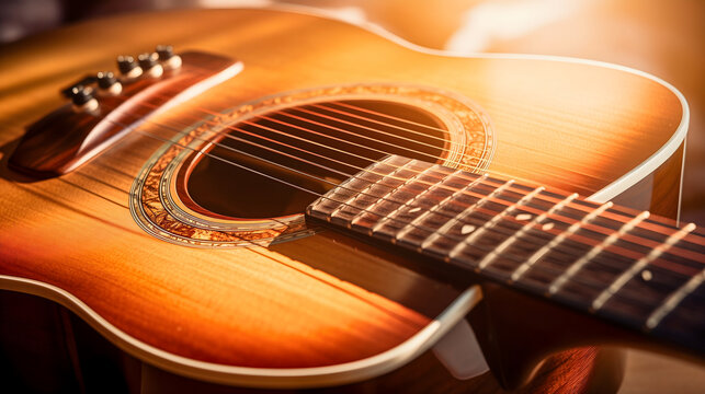 Close up photography of a vintage wooden acoustic guitar illuminated by sun rays shining. Musical instrument strings and body, country culture