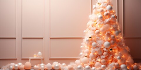 Christmas tree decorated peach color balls, on a peach background, banner, copy space