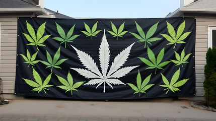 Schwarzes Banner mit grünen Cannabisblättern