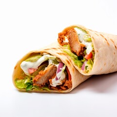 Shawarma in pita bread on a white isolated background. Vegetables wrapped in pita bread. Street food. Turkish food