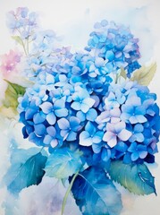 Blue hydrangeas and watercolor style. Postcard. Postcard with bare flowers