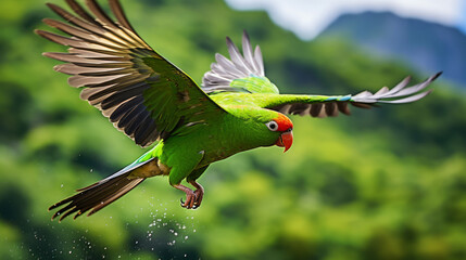Dominica's volcanic, forested mountains, with a focus on the lush rainforest canopy. The image captures a vibrant Sisserou parrot in flight