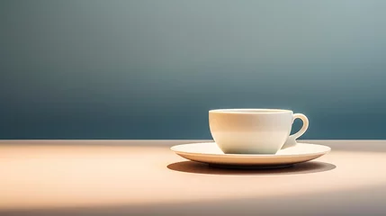 Poster  a white coffee cup sitting on top of a white saucer on a saucer on top of a saucer on top of a wooden table with a blue wall in the background. © Anna